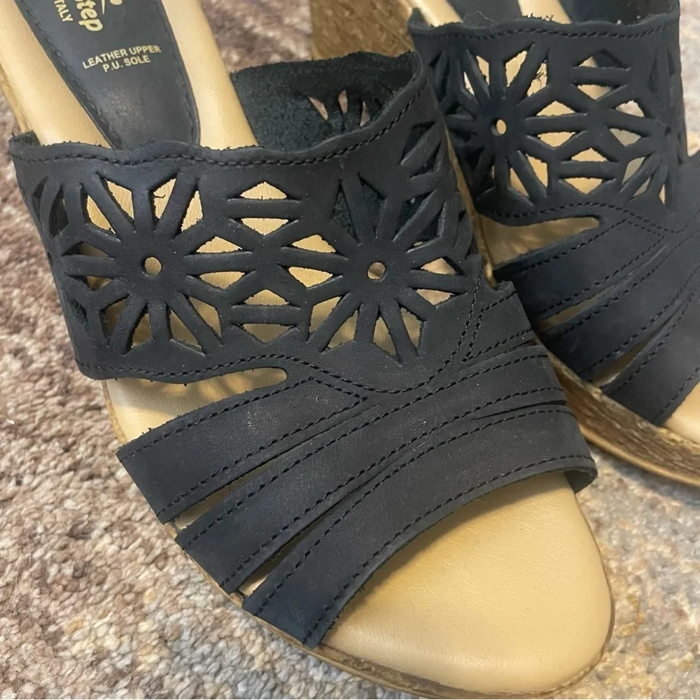 Spring Step Estella Black Leather Nubuck Wedge Slide Sandals